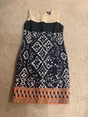 Per Se Cream, Black & Orange Geometric Midi Dress